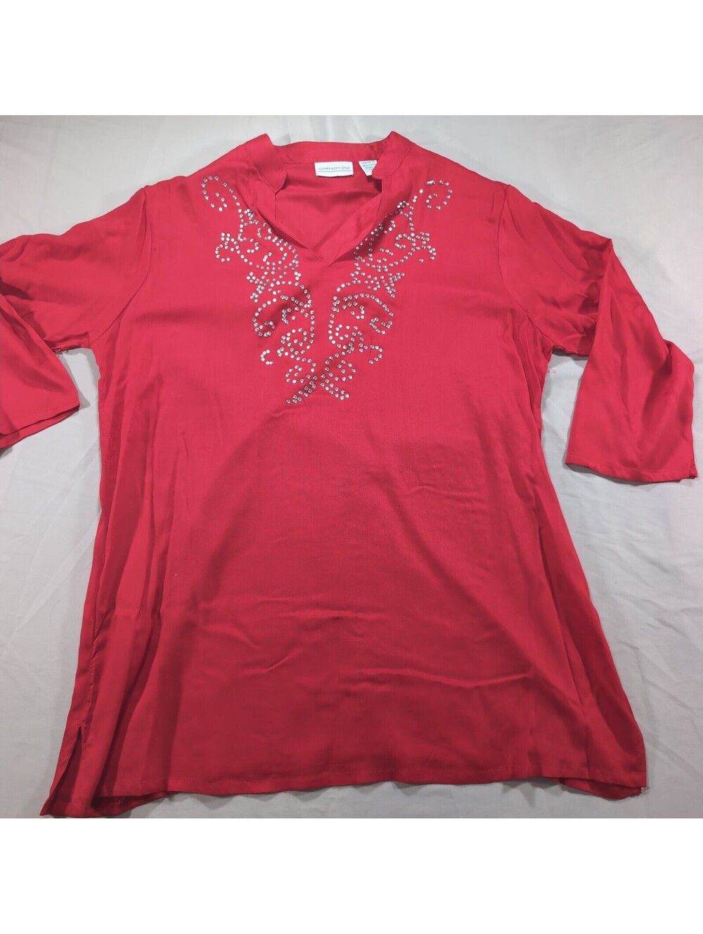 Company One Red Rhinestone Embellished V-Neck Tunic Blouse L